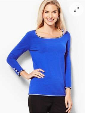 Talbots Cobalt Blue Square-Neck Knit Top with Contrast Trim
